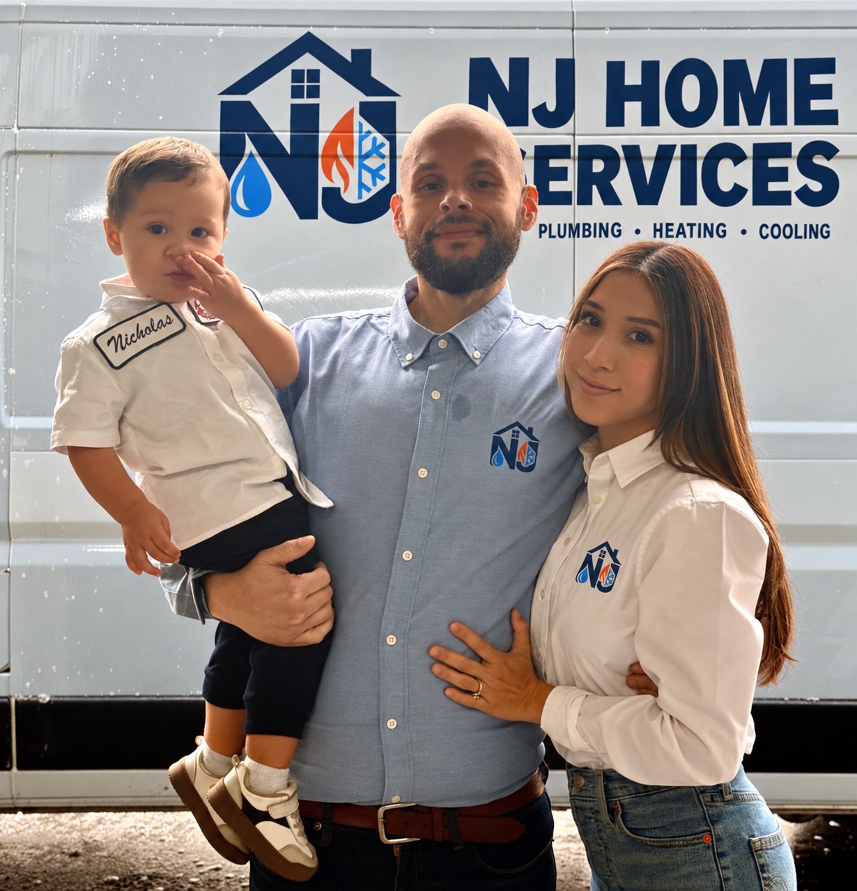 Nick with his son and partner beside a service van, with a digital NJ Home Services wrap concept