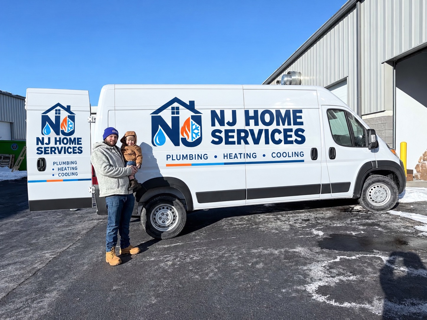 Nick holding his son beside a full-size service van with a digital NJ Home Services wrap concept